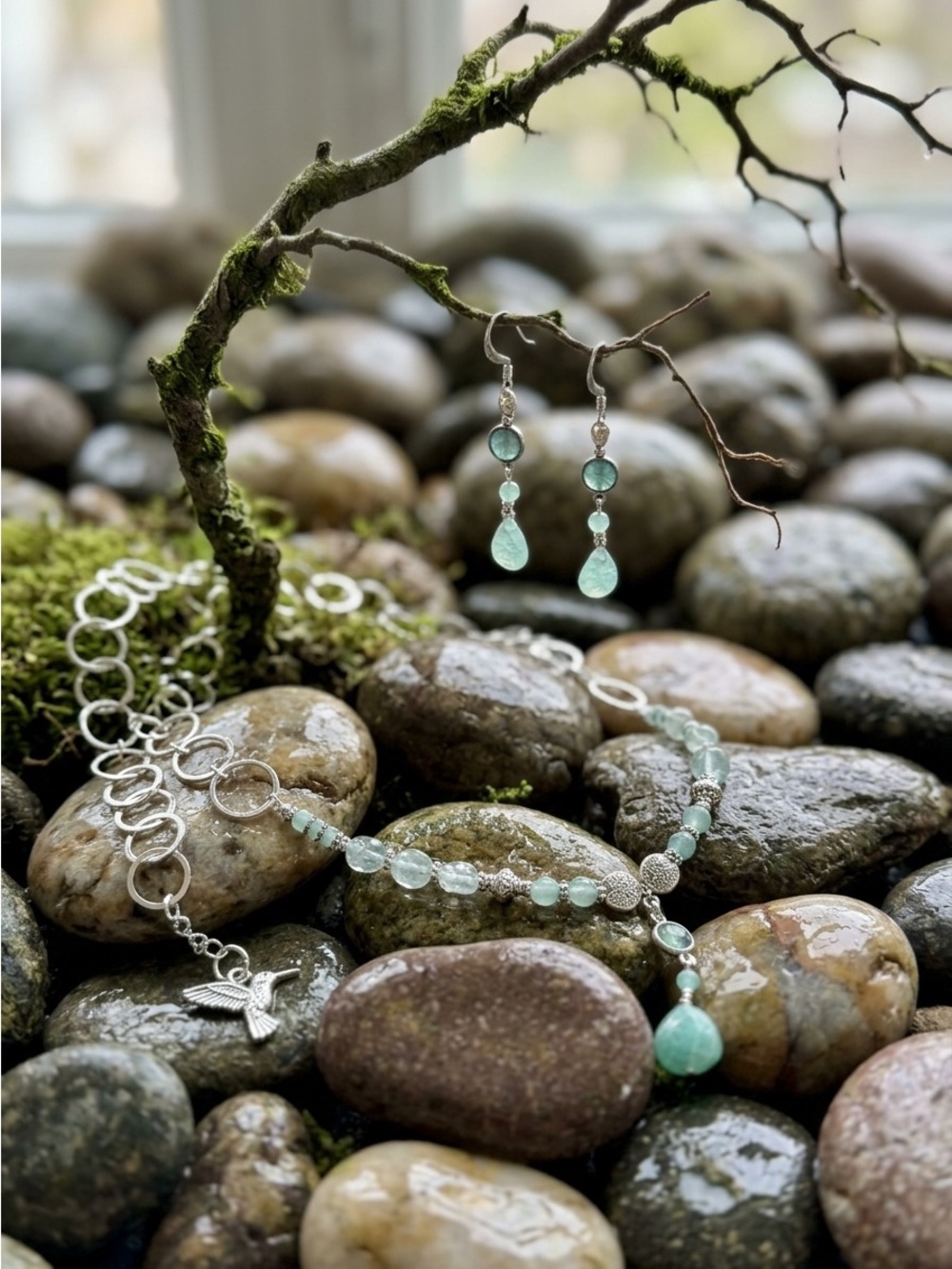 Sterling Silver & Amazonite Drop Necklace & Earrings Set
